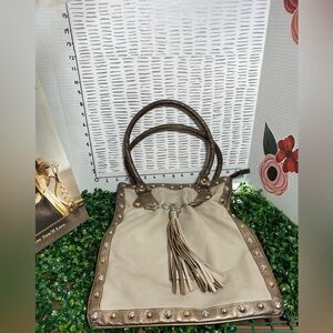 Beige and Brown Tassel Shoulder Tote